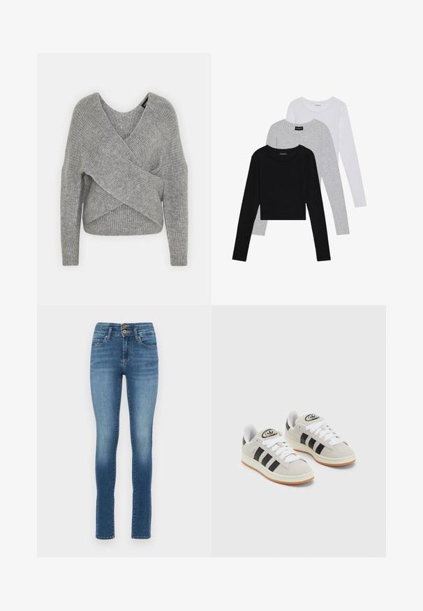 Hallide hallhargus, sügava V-kaelusega, pikkade varrukatega ja ribatrepiga. Valmistatud pehmest kudumismetallist, millel on kihiline, asümmeetriline disain.; Kolm pikkade varrukatega toppi, mis on üksteise peale asetatud: must, hall ja valge. Igal ühel on ümar kaelus ja lühike disain, valmistatud siledast, kergekaalulisest kangast.; Sinine teksapüksid, kitsad ja kõrge vöökohaga, millel on kaks esimest nööpauku, kerge kulumine ja tavalised taskud. Sile tekstuur, sirged jalad.; Hallid hallid nahkrennid valgete paeltega, mustade triipudega ja valge kummitaldiga. Omab ümmargust logo keeles ja kummitalda.