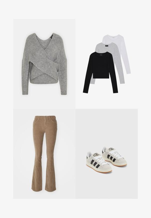 Pullover griș cu un decolteu adânc în V, mâneci lungi și textură cu ochiuri. Fabricat dintr-un material tricotat moale, cu un design stratificat și asimetric.; Trei bluze cu mânecă lungă așezate: neagră, gri și albă. Fiecare are un guler rotund și un design scurt, realizat dintr-un material fin și ușor.; Pantaloni evazați din catifea la o nuanță deschisă de marou. Prezintă buzunare frontale și o închidere cu nasture, având o textură nervurată pe toată suprafața.; Adidași din suede gri cu șireți albi, dungi negre și talpă din cauciuc alb. Prezintă un logo circular pe limbă și o talpă din cauciuc.