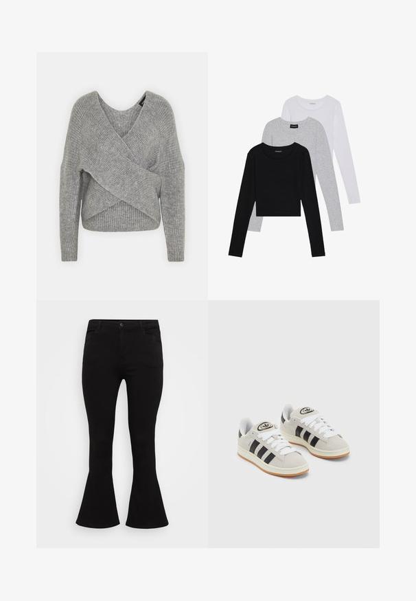 Gray wrap sweater with a deep V-neck, long sleeves, and ribbed texture. Made from a soft knit material with a layered, asymmetrical design.; Three long-sleeve tops stacked: black, grey, and white. Each has a round neckline and a cropped design with smooth, lightweight fabric.; Black flared jeans featuring a fitted waist, standard five-pocket design, and smooth denim texture with a subtle stretch.; Gray suede sneakers with white laces, black stripes, and a white rubber sole. Features a circular logo on the tongue and a gum sole.