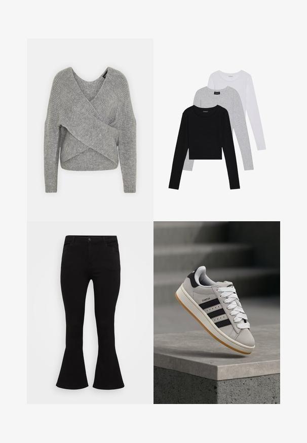 Maglione avvolgente grigio con scollatura a V profonda, maniche lunghe e texture a coste. Realizzato in un morbido materiale in maglia con un design asimmetrico a strati.; Tre magliette a maniche lunghe impilate: nera, grigia e bianca. Ognuna ha un colletto rotondo e un design accorciato con tessuto morbido e leggero.; Jeans neri a zampa d'elefante con vita aderente, design classico a cinque tasche e tessuto denim liscio con una leggera elasticità.; Sneaker Adidas Campus grigia con strisce nere e lacci bianchi che fluttua sopra un bordo in cemento con scale sullo sfondo.