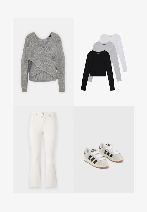 Šedý svetr s volnějším V-výstřihem, dlouhými rukávy a žebrovanou strukturou. Vyrobeno z měkké pleteniny s vrstveným, asymetrickým designem.; Tři trička s dlouhým rukávem naskládaná na sobě: černé, šedé a bílé. Každé má kulatý výstřih a kratší střih z hladkého, lehkého materiálu.; Bílé zvonové džíny vyrobené z denimu s přiléhavým pasem, pěti kapsami a předním zipovým zapínáním. Hladký povrch a čistý design.; Šedé semišové tenisky s bílými tkaničkami, černými pruhy a bílou gumovou podrážkou. Mají kulaté logo na jazyku a gumovou podrážku.