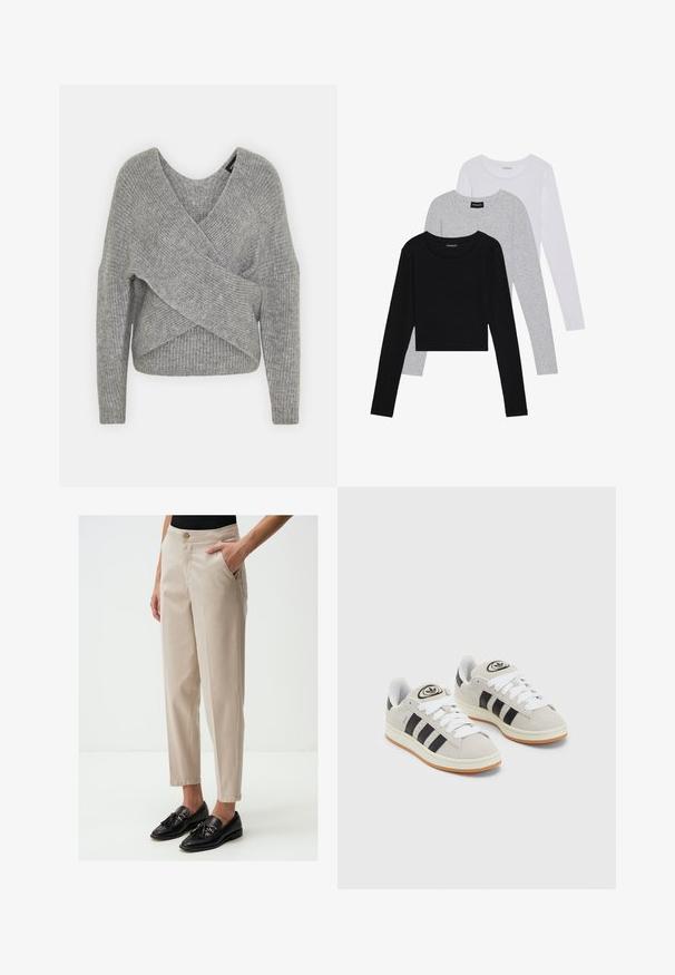 Szary sweter o luźnym kroju z głębokim dekoltem w kształcie litery V, długimi rękawami i prążkowaną teksturą. Wykonany z miękkiego materiału dzianinowego z warstwowym, asymetrycznym wzorem.; Trzy bluzki z długim rękawem ułożone jedna na drugiej: czarna, szara i biała. Każda z okrągłym dekoltem i skróconym fasonem, wykonana z gładkiego, lekkiego materiału.; Beżowe dopasowane spodnie z bocznymi kieszeniami, zwężanym krojem i zapięciem na guzik w pasie, zestawione z czarnymi loafersami z frędzlami.; Szare zamszowe trampki z białymi sznurówkami, czarnymi paskami i białą gumową podeszwą. Posiadają okrągłe logo na języku oraz gumową podeszwę.