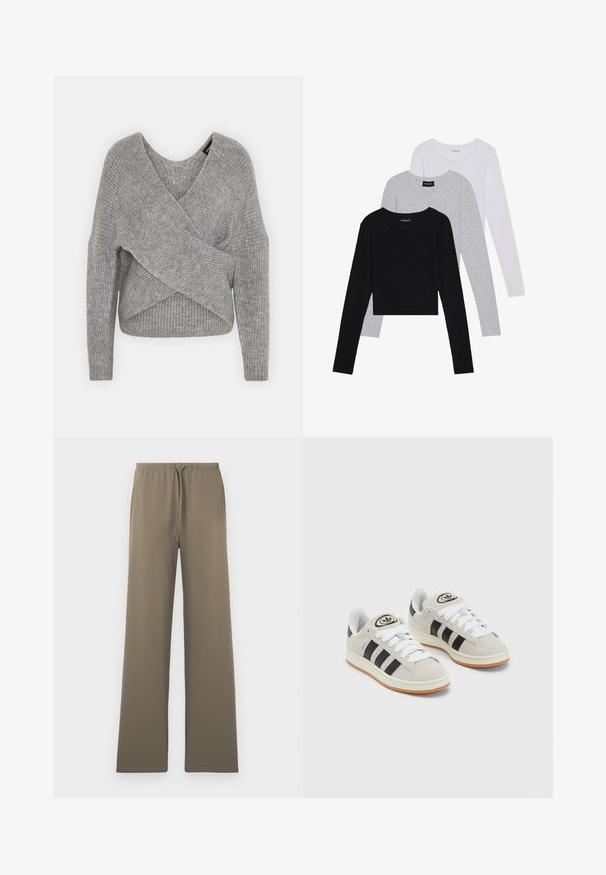 Harmaa neulejakku, jossa on syvä V-kaula-aukko, pitkät hihat ja ribboitu pinta. Valmistettu pehmeästä neuloksesta, jossa on kerroksellinen ja epäsymmetrinen muotoilu.; Kolme pitkähihasta paita päällekkäin: musta, harmaa ja valkoinen. Jokaisessa on pyöreä pääntie ja lyhennetty muotoilu, jossa on sileä ja kevyt kangas.; Olivi vihreät, leveälahkeiset housut, joissa on pehmeä kangas, joustovyötärö nauhalla ja ei näkyvillä olevia taskuja.; Harmaat mokkasiinikenkä, joissa on valkoiset nauhat, mustat raidat ja valkoinen kumipohja. Kantajassa on pyöreä logo ja vaaleanruskea pohja.