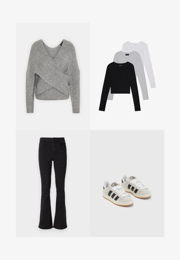 Suéter cinza envolvente com um decote em V profundo, mangas longas e textura canelada. Feito de um material de malha suave com um design assimétrico em camadas.; Três camisetas de manga longa empilhadas: preta, cinza e branca. Cada uma tem um decote redondo e um design cropped, feitas de um tecido leve e suave.; Jeans de ganga pretos com flare e cintura alta, apresentando cinco bolsos e um fecho robusto com botão. Têxtil suave com ligeira elasticidade.; Tênis de camurça cinza com atacadores brancos, riscas pretas e uma sola de borracha branca. Apresenta um logótipo circular na língua e uma sola de borracha.