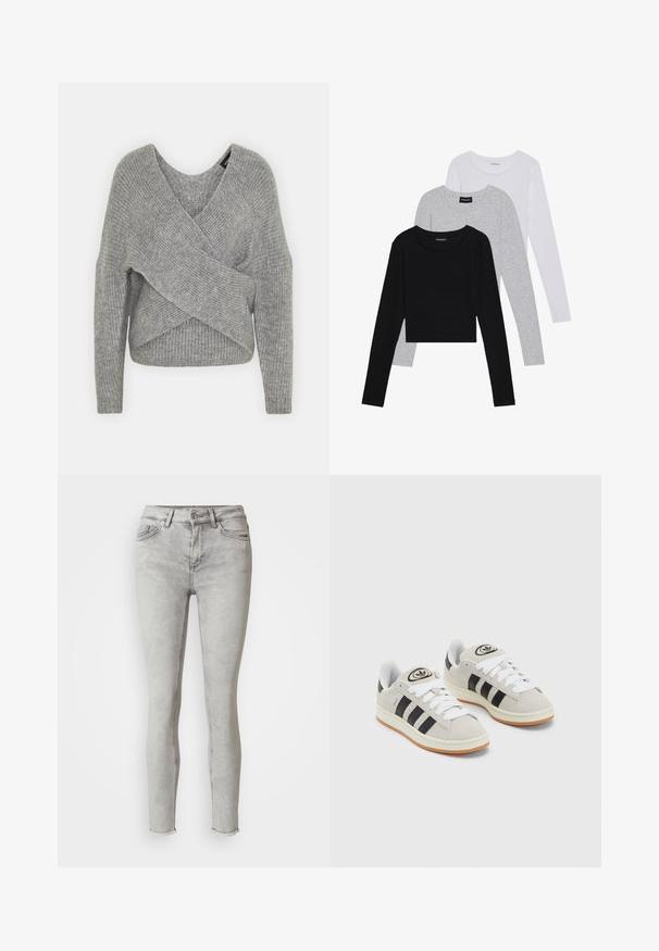 Pelēka apvalka džemperis ar dziļu V veida kakla izgriezumu, garām piedurknēm un ribu tekstūru. Izgatavots no mīksta adījuma materiāla ar slāņotu, asimetrisku dizainu.; Trīs garām piedurknēm veidotas augšdaļas, sakrautās: melna, pelēka un balta. Katram ir noapaļots kakla izgriezums un īsa dizaina forma ar gludu, vieglu audumu.; Gaiši pelēka skinny džinsi, izgatavoti no denima, ar augstu jostasvietu, piecu kabatu dizainu un plīsušām potītēm. Gluda tekstūra ar vieglu nolietojumu.; Pelēkas zamšādas kedas ar baltām saites, melnām svītrām un baltu gumijas zoli. Raksturīga apļa logo uz mēles un gumijas zole.