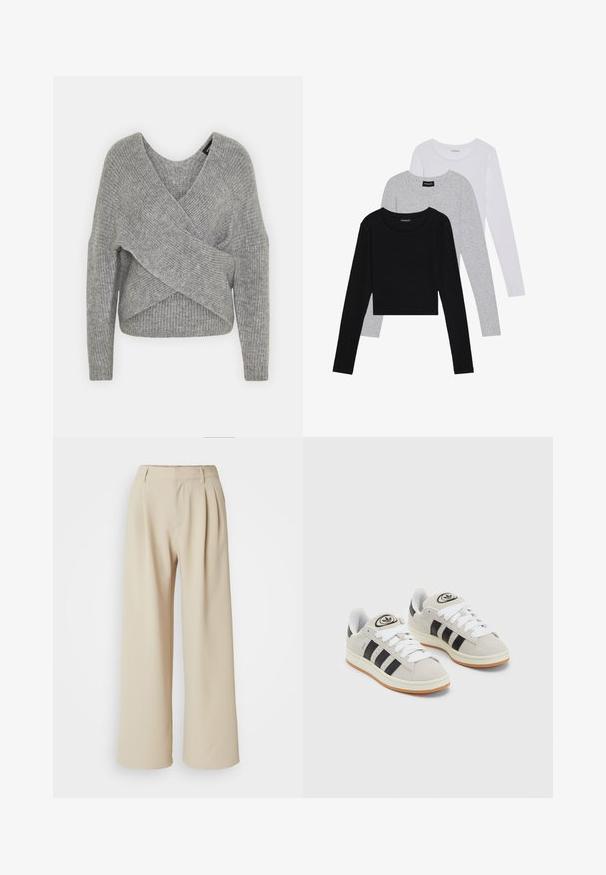 Pull en gris avec un col en V profond, des manches longues et une texture côtelée. Fabriqué en matériau tricoté doux avec un design asymétrique superposé.; Trois hauts à manches longues empilés : noir, gris et blanc. Chacun a un col rond et un design court avec un tissu lisse et léger.; Pantalons beige à jambes larges avec une taille haute, un devant plissé et une texture de tissu lisse. Pas de fermetures ni de motifs visibles.; Baskets en suède gris avec des lacets blancs, des rayures noires et une semelle en caoutchouc blanc. Présentent un logo circulaire sur la languette et une semelle en gomme.