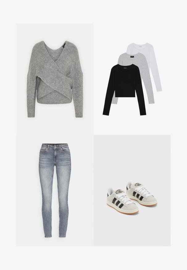 Grå omslagströja med djup V-ringning, långa ärmar och ribbad struktur. Tillverkad av ett mjukt stickat material med en lager-på-lager, asymmetrisk design.; Tre långärmade tröjor staplade: svart, grå och vit. Var och en har en rund halsringning och en kort design med mjukt, lätt material.; Slim-fit, ljusblå denimjeans med en blekt finish, femfickdesign och diskreta sömmar. Har bälteshällor och dragkedja.; Grå mocka sneakers med vita snören, svarta ränder och en vit gummisula. Har en rund logo på tungan och en gummisula.