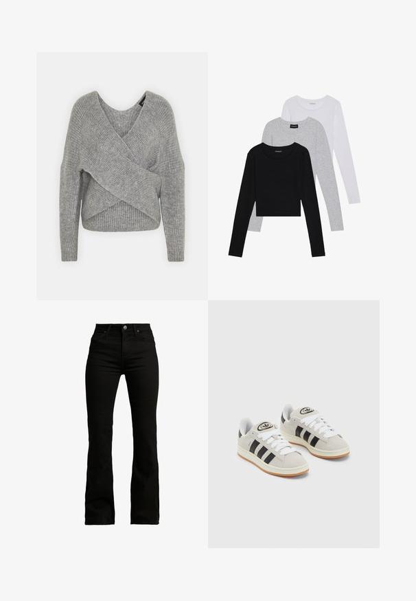 Maglione avvolgente grigio con scollatura a V profonda, maniche lunghe e texture a coste. Realizzato in un morbido materiale in maglia con un design asimmetrico a strati.; Tre magliette a maniche lunghe impilate: nera, grigia e bianca. Ognuna ha un colletto rotondo e un design accorciato con tessuto morbido e leggero.; Jeans neri a campana realizzati in misto cotone. Presentano un alto punto vita, un design classico a cinque tasche, chiusura anteriore con bottone e una texture liscia.; Sneakers in suede grigio con lacci bianchi, strisce nere e suola in gomma bianca. Presentano un logo circolare sulla linguetta e una suola in gomma.