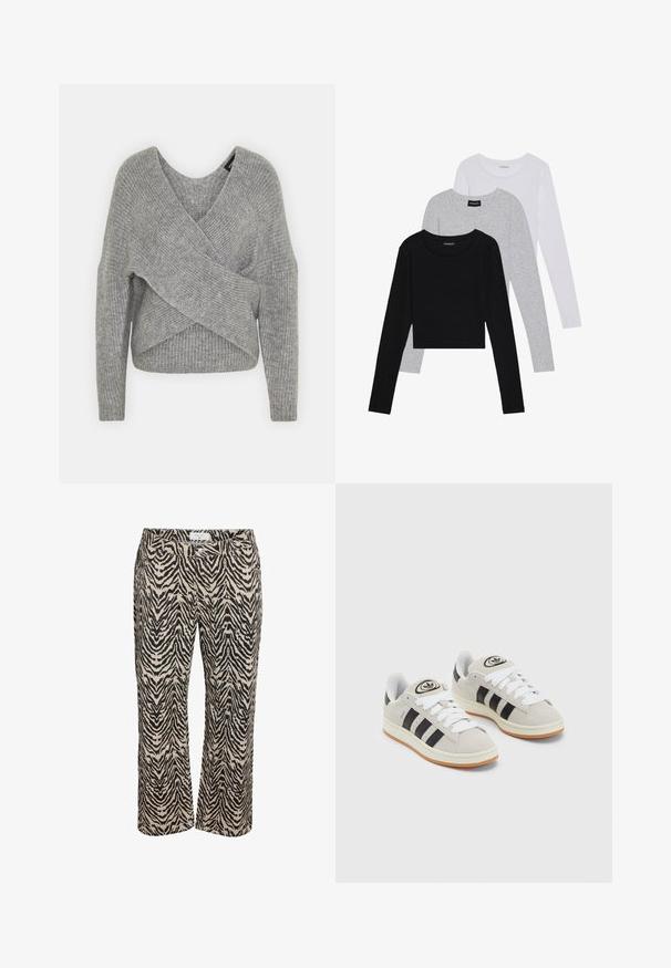 Maglione avvolgente grigio con scollatura a V profonda, maniche lunghe e texture a coste. Realizzato in un morbido materiale in maglia con un design asimmetrico a strati.; Tre magliette a maniche lunghe impilate: nera, grigia e bianca. Ognuna ha un colletto rotondo e un design accorciato con tessuto morbido e leggero.; Pantaloni beige con un motivo zebre nero, caratterizzati da un design a gamba dritta, tasche anteriori e chiusura con bottone.; Sneakers in suede grigio con lacci bianchi, strisce nere e suola in gomma bianca. Presentano un logo circolare sulla linguetta e una suola in gomma.