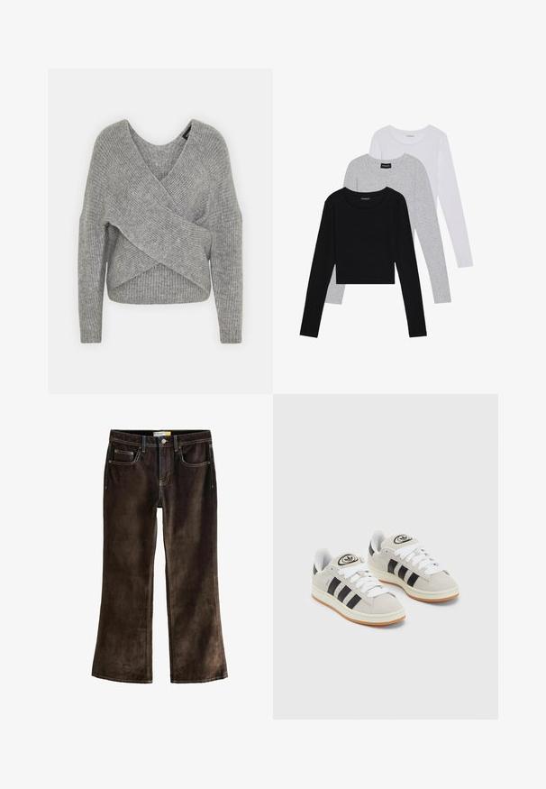 Hallide hallhargus, sügava V-kaelusega, pikkade varrukatega ja ribatrepiga. Valmistatud pehmest kudumismetallist, millel on kihiline, asümmeetriline disain.; Kolm pikkade varrukatega toppi, mis on üksteise peale asetatud: must, hall ja valge. Igal ühel on ümar kaelus ja lühike disain, valmistatud siledast, kergekaalulisest kangast.; Pruunid corduroy bootcut teksad kontrastsete kollaste õmblustega, viie tasku ja nupuga vööl.; Hallid hallid nahkrennid valgete paeltega, mustade triipudega ja valge kummitaldiga. Omab ümmargust logo keeles ja kummitalda.