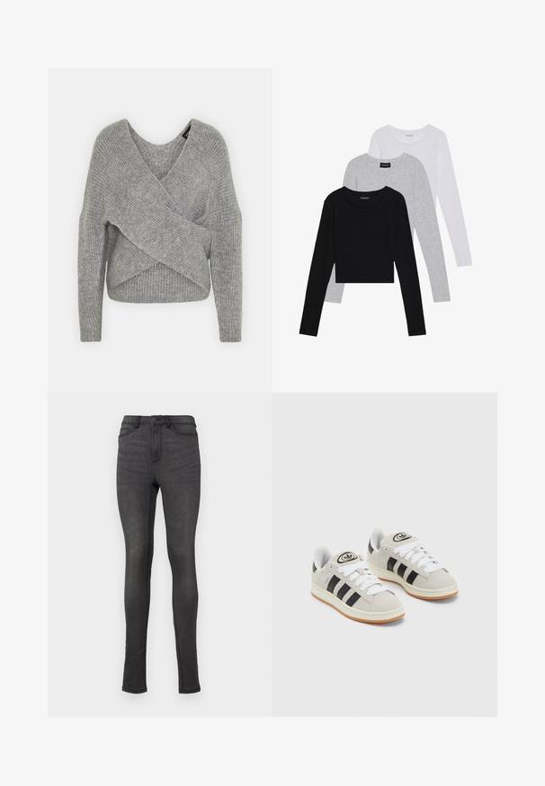 Suéter cinza envolvente com um decote em V profundo, mangas longas e textura canelada. Feito de um material de malha suave com um design assimétrico em camadas.; Três camisetas de manga longa empilhadas: preta, cinza e branca. Cada uma tem um decote redondo e um design cropped, feitas de um tecido leve e suave.; Jeans skinny feitos de denim cinza escuro, com uma cintura alta, passantes para cinto e fecho de botão único. Sem desgaste visível ou padrões.; Tênis de camurça cinza com atacadores brancos, riscas pretas e uma sola de borracha branca. Apresenta um logótipo circular na língua e uma sola de borracha.
