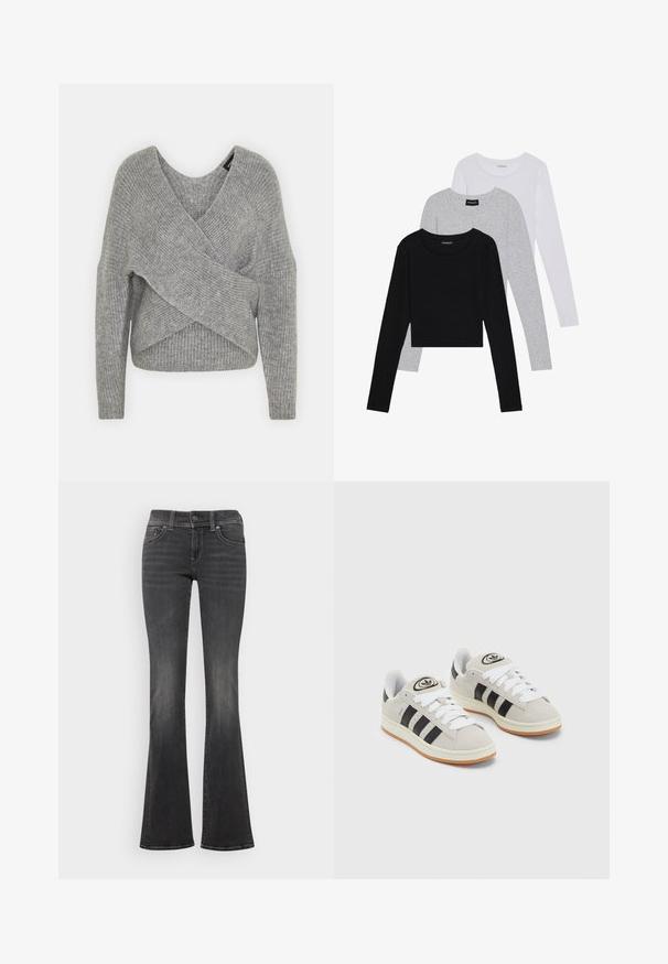Suéter cinza envolvente com um decote em V profundo, mangas longas e textura canelada. Feito de um material de malha suave com um design assimétrico em camadas.; Três camisetas de manga longa empilhadas: preta, cinza e branca. Cada uma tem um decote redondo e um design cropped, feitas de um tecido leve e suave.; Jeans de ganga cinza escuro com um ligeiro desbotado, de cintura média, com fecho de botão e ligeira abertura nas bainhas.; Tênis de camurça cinza com atacadores brancos, riscas pretas e uma sola de borracha branca. Apresenta um logótipo circular na língua e uma sola de borracha.