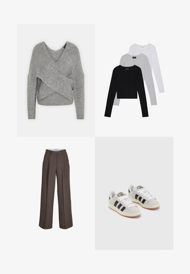 Szürke, mély V kivágású, hosszú ujjú kötött pulóver, bordás textúrával. Puha kötött anyagból készült, réteges, aszimmetrikus dizájnnal.; Három hosszú ujjú póló egymásra rakva: fekete, szürke és fehér. Mindegyiknek kerek nyaka van, és rövidített fazonnal rendelkezik, sima, könnyű anyagból készült.; Barna anyagú, széles szárú nadrág, magas derékkal, elülső plisszékkel és sima textúrával. Övhurkokkal is rendelkezik az extra részletért.; Szürke velúr sportcipők fehér fűzővel, fekete csíkokkal és fehér gumitalppal. A nyelvén kör alakú logó található, illetve a talpa színes gumi.