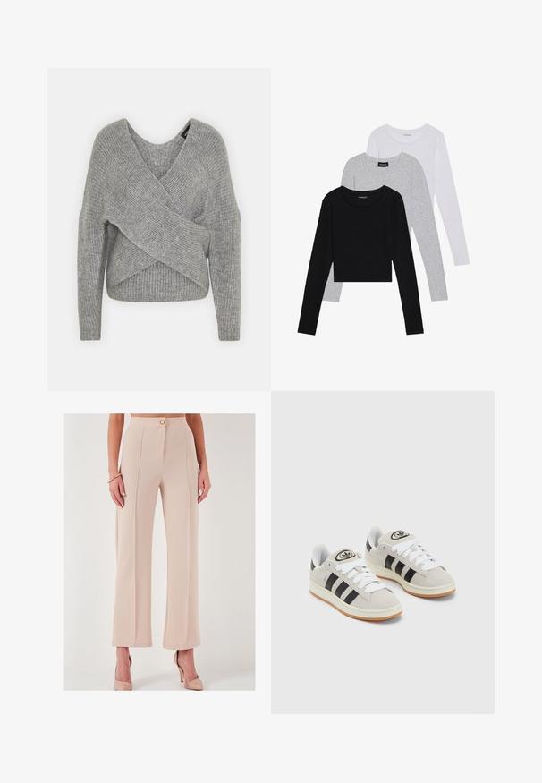 Siva omotana vestica s dubokim V-izrezom, dugim rukavima i rebrastom teksturom. Izrađena od mekog pletenog materijala s slojevitim, asimetričnim dizajnom.; Tri dugih rukava posložena: crna, siva i bijela. Svaka ima okrugli izrez i skrateni kroj s glatkom, laganom tkaninom.; Bež traperice s visokim strukom i širokim nogavicama, izrađene od teksturirane tkanine, s prednjim zatvaranjem na gumbe i bočnim džepovima, s čistim završetkom.; Sive suede tenisice s bijelim vezicama, crnim prugama i bijelim gumiranim potplatom. Imaju kružni logo na jeziku i gumeni potplat.