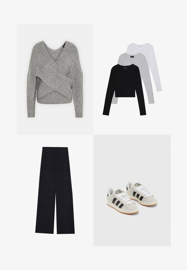 Szary sweter o luźnym kroju z głębokim dekoltem w kształcie litery V, długimi rękawami i prążkowaną teksturą. Wykonany z miękkiego materiału dzianinowego z warstwowym, asymetrycznym wzorem.; Trzy bluzki z długim rękawem ułożone jedna na drugiej: czarna, szara i biała. Każda z okrągłym dekoltem i skróconym fasonem, wykonana z gładkiego, lekkiego materiału.; Spodnie o szerokich nogawkach w ciemnoniebieskim kolorze z pionowym prążkowanym wzorem. Posiadają gładki pas i prosty krój, zapewniając luźny fason.; Szare zamszowe trampki z białymi sznurówkami, czarnymi paskami i białą gumową podeszwą. Posiadają okrągłe logo na języku oraz gumową podeszwę.