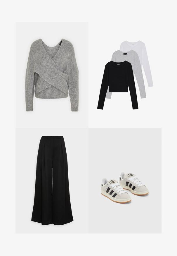 Harmaa neulejakku, jossa on syvä V-kaula-aukko, pitkät hihat ja ribboitu pinta. Valmistettu pehmeästä neuloksesta, jossa on kerroksellinen ja epäsymmetrinen muotoilu.; Kolme pitkähihasta paita päällekkäin: musta, harmaa ja valkoinen. Jokaisessa on pyöreä pääntie ja lyhennetty muotoilu, jossa on sileä ja kevyt kangas.; Laahukselliset mustat housut, jotka on valmistettu pehmeästä kankaasta, etuosassa poimutukset ja korkea vyötärö, mikä takaa hienostuneen siluetin.; Harmaat mokkasiinikenkä, joissa on valkoiset nauhat, mustat raidat ja valkoinen kumipohja. Kantajassa on pyöreä logo ja vaaleanruskea pohja.