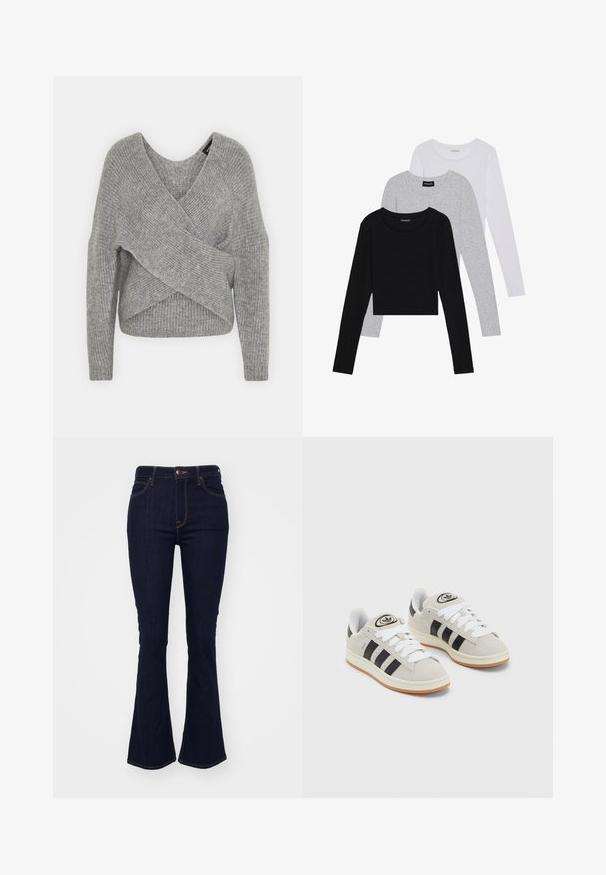 Pull en gris avec un col en V profond, des manches longues et une texture côtelée. Fabriqué en matériau tricoté doux avec un design asymétrique superposé.; Trois hauts à manches longues empilés : noir, gris et blanc. Chacun a un col rond et un design court avec un tissu lisse et léger.; Jean en denim bleu foncé évasé, avec une taille haute, un design à cinq poches et des coutures orange contrastantes le long des coutures.; Baskets en suède gris avec des lacets blancs, des rayures noires et une semelle en caoutchouc blanc. Présentent un logo circulaire sur la languette et une semelle en gomme.