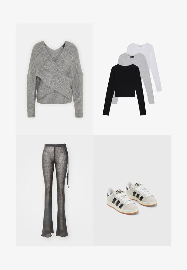 Sivý cardigan s hlbokým V- výstrihom, dlhými rukávmi a rebrovanou textúrou. Vyrobený z mäkkého pleteného materiálu s viacvrstvovým, asymetrickým dizajnom.; Tričko s dlhým rukávom v troch farbách: čiernej, sivej a bielej. Každé má okrúhly výstrih a skrátený strih vyrobený z hladkej, ľahkej tkaniny.; Rozšírené pletené nohavice v tmavosivej farbe s otvorenou väzbou. Majú elastický pás na šnúrku a štruktúrovanú tkaninu.; Sivé semišové tenisky s bielymi šnúrkami, čiernymi pruhmi a bielou gumovou podrážkou. Obsahujú okrúhly logo na jazyku a gumenú podrážku.