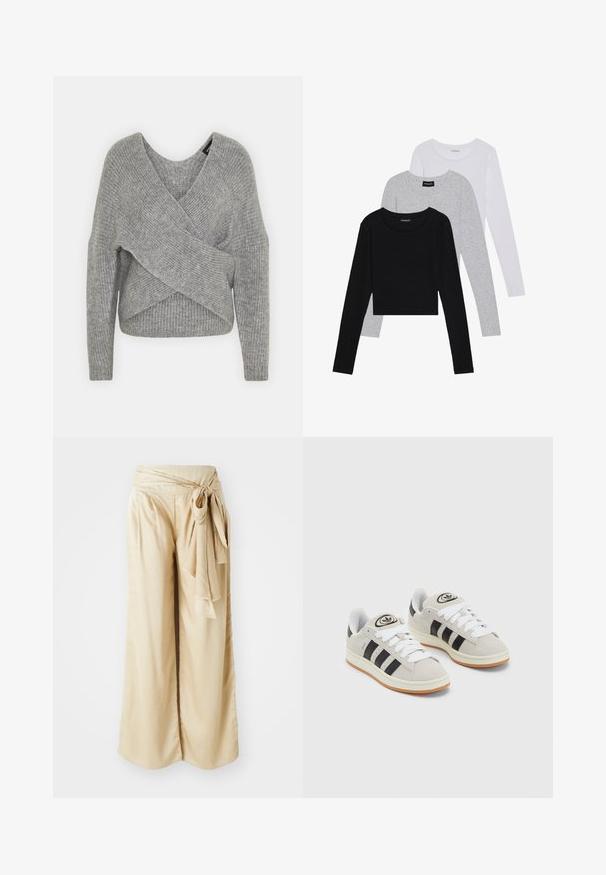 Siva ovitek pulover z globokim V-izrezom, dolgimi rokavi in ribasto teksturo. Narejen iz mehke pletene tkanine z plastnim, asimetričnim dizajnom.; Tri dolga rokava zložena: črna, siva in bela. Vsaka ima okroglo izreznico in skrajšan dizajn z gladkim, lahkotnim materialom.; Široke hlače iz mehke bež tkanine, ki imajo ovit pas z detajlom v obliki traku. Gladka tekstura s tekočim dizajnom.; Sive športne čevlje iz semiša z belimi vezalkami, črnimi črtami in belim gumijastim podplatom. Imajo okroglo oznako na ježku in podplat iz gume.