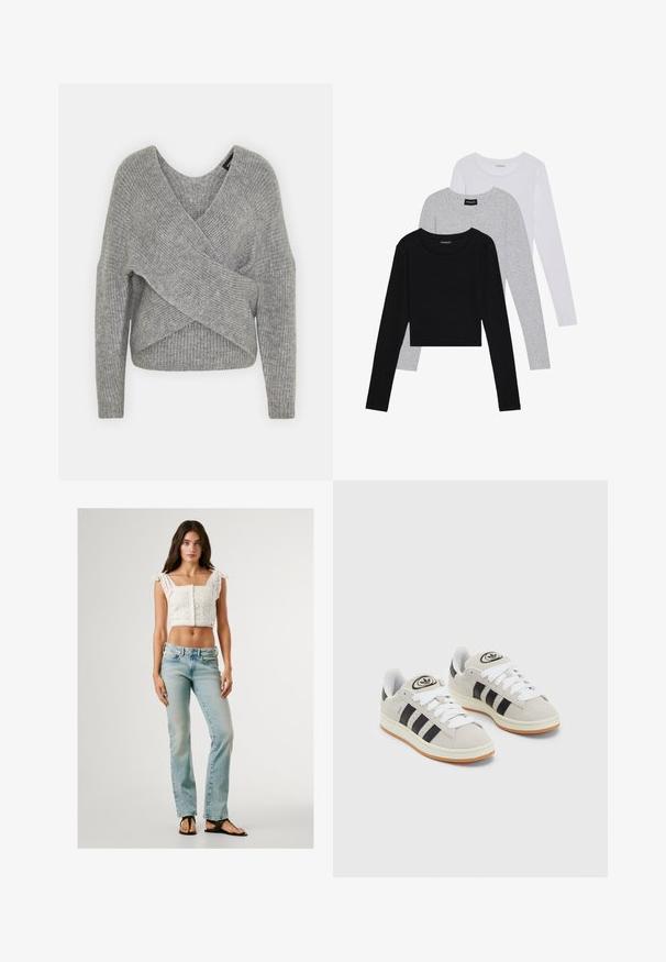Grijze wikkeltrui met een diepe V-hals, lange mouwen en ribbelstructuur. Gemaakt van een zachte gebreide stof met een gelaagd, asymmetrisch ontwerp.; Drie langmouwige tops gestapeld: zwart, grijs en wit. Elke top heeft een ronde halslijn en een cropped ontwerp van soepel, lichtgewicht materiaal.; Witte crop top met oogjesontwerp en golvende zoom, gecombineerd met lichtblauwe straight-leg jeans en zwarte slippers.; Grijze nubucklederen sneakers met witte veters, zwarte strepen en een witte rubberen zool. Bevat een rond logo op de tong en een gumzool.