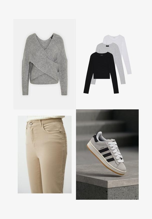 Szary sweter o luźnym kroju z głębokim dekoltem w kształcie litery V, długimi rękawami i prążkowaną teksturą. Wykonany z miękkiego materiału dzianinowego z warstwowym, asymetrycznym wzorem.; Trzy bluzki z długim rękawem ułożone jedna na drugiej: czarna, szara i biała. Każda z okrągłym dekoltem i skróconym fasonem, wykonana z gładkiego, lekkiego materiału.; Beżowe dżinsy z dopasowanym krojem, z przednimi kieszeniami, metalowym zapięciem na guzik i minimalnymi detalami ściegów dla gładkiego wykończenia.; Szary sneaker Adidas Campus z czarnymi paskami i białymi sznurówkami unoszący się nad betonowym murkiem, w tle schody.