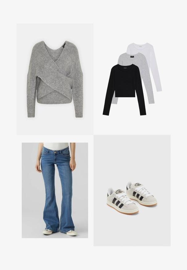 Suéter gris envolvente con un profundo escote en V, mangas largas y textura acanalada. Fabricado con un material de punto suave y un diseño asimétrico en capas.; Tres camisetas de manga larga apiladas: negra, gris y blanca. Cada una tiene un escote redondo y un diseño recortado con una tela suave y ligera.; Jeans acampanados desgastados en azul con cintura alta, bolsillos frontales y cierre de botón. Textura de mezclilla suave con detalles de costura visibles.; Zapatillas de ante gris con cordones blancos, rayas negras y suela de goma blanca. Presentan un logo circular en la lengüeta y una suela de goma.