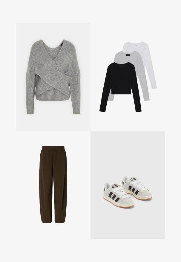 Szary sweter o luźnym kroju z głębokim dekoltem w kształcie litery V, długimi rękawami i prążkowaną teksturą. Wykonany z miękkiego materiału dzianinowego z warstwowym, asymetrycznym wzorem.; Trzy bluzki z długim rękawem ułożone jedna na drugiej: czarna, szara i biała. Każda z okrągłym dekoltem i skróconym fasonem, wykonana z gładkiego, lekkiego materiału.; Brązowe dresy wykonane z miękkiego materiału. Mają luźny krój, elastyczny pas i brak widocznych kieszeni. Całość ma gładką teksturę.; Szare zamszowe trampki z białymi sznurówkami, czarnymi paskami i białą gumową podeszwą. Posiadają okrągłe logo na języku oraz gumową podeszwę.
