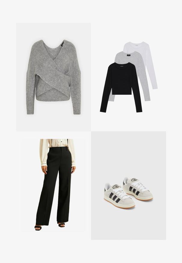 Szürke, mély V kivágású, hosszú ujjú kötött pulóver, bordás textúrával. Puha kötött anyagból készült, réteges, aszimmetrikus dizájnnal.; Három hosszú ujjú póló egymásra rakva: fekete, szürke és fehér. Mindegyiknek kerek nyaka van, és rövidített fazonnal rendelkezik, sima, könnyű anyagból készült.; Széles lábú fekete nadrág, magas derékkal és sima anyagból. Könnyű, texturált blúzzal és fekete pántos szandállal párosítva.; Szürke velúr sportcipők fehér fűzővel, fekete csíkokkal és fehér gumitalppal. A nyelvén kör alakú logó található, illetve a talpa színes gumi.