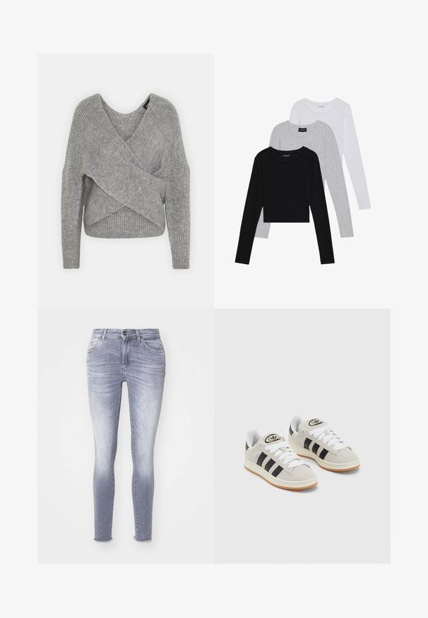 Grå omslagssweater med dyp V-hals, lange ermer og ribbestruktur. Laget av et mykt strikket materiale med et lagdelt, asymmetrisk design.; Tre lange ermer t-skjorter stablet: svart, grå og hvit. Hver har en rund hals og et kort design med glatt, lett stoff.; Slanke jeans i lyseblå denim, med en falmet vask, fem lommer og en frynset kant. Subtile sømdetaljer overalt.; Grå semsket sneakers med hvite lisser, svarte striper og en hvit gummisåle. Har en sirkulær logo på tungen og en gummisåle.