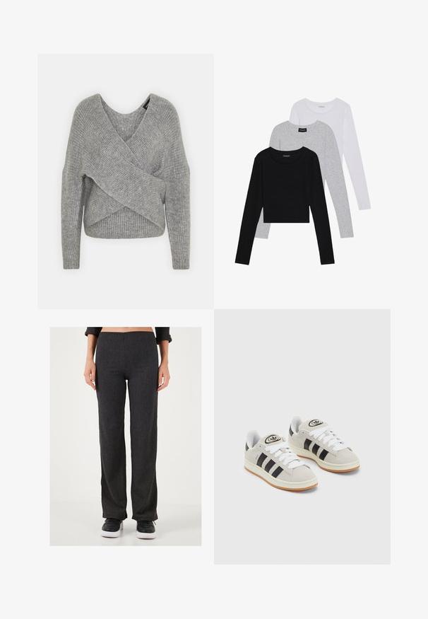 Šedý svetr s volnějším V-výstřihem, dlouhými rukávy a žebrovanou strukturou. Vyrobeno z měkké pleteniny s vrstveným, asymetrickým designem.; Tři trička s dlouhým rukávem naskládaná na sobě: černé, šedé a bílé. Každé má kulatý výstřih a kratší střih z hladkého, lehkého materiálu.; Tmavě šedé, ribbrované kalhoty s rovnými nohavicemi. Mají plochý pas a jemnou texturu, doplněné černými teniskami.; Šedé semišové tenisky s bílými tkaničkami, černými pruhy a bílou gumovou podrážkou. Mají kulaté logo na jazyku a gumovou podrážku.