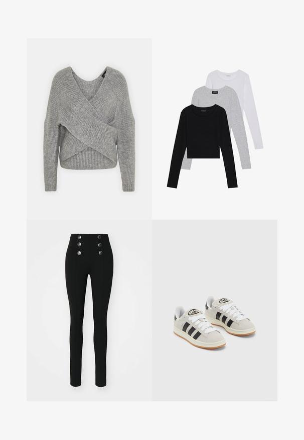 Grå indpakningssweater med dyb V-udskæring, lange ærmer og ribbet tekstur. Fremstillet i et blødt strikkemateriale med et lagdelt, asymmetrisk design.; Tre langærmede toppe stablet: sort, grå og hvid. Hver har en rund halsudskæring og et cropped design med glat, let stof.; ONLY ONLNORI LEGGING - Leggings - black; Grå ruskinds sneakers med hvide snørebånd, sorte striber og en hvid gummisål. Har et rundt logo på tungen og en gummisål.