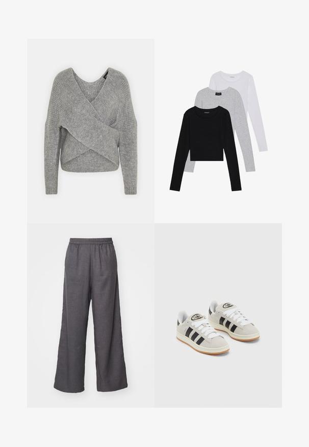 Sivý cardigan s hlbokým V- výstrihom, dlhými rukávmi a rebrovanou textúrou. Vyrobený z mäkkého pleteného materiálu s viacvrstvovým, asymetrickým dizajnom.; Tričko s dlhým rukávom v troch farbách: čiernej, sivej a bielej. Každé má okrúhly výstrih a skrátený strih vyrobený z hladkej, ľahkej tkaniny.; Široké tmavosivé nohavice z ľahkej tkaniny. Majú elastický pás a čistý, minimalistický dizajn.; Sivé semišové tenisky s bielymi šnúrkami, čiernymi pruhmi a bielou gumovou podrážkou. Obsahujú okrúhly logo na jazyku a gumenú podrážku.
