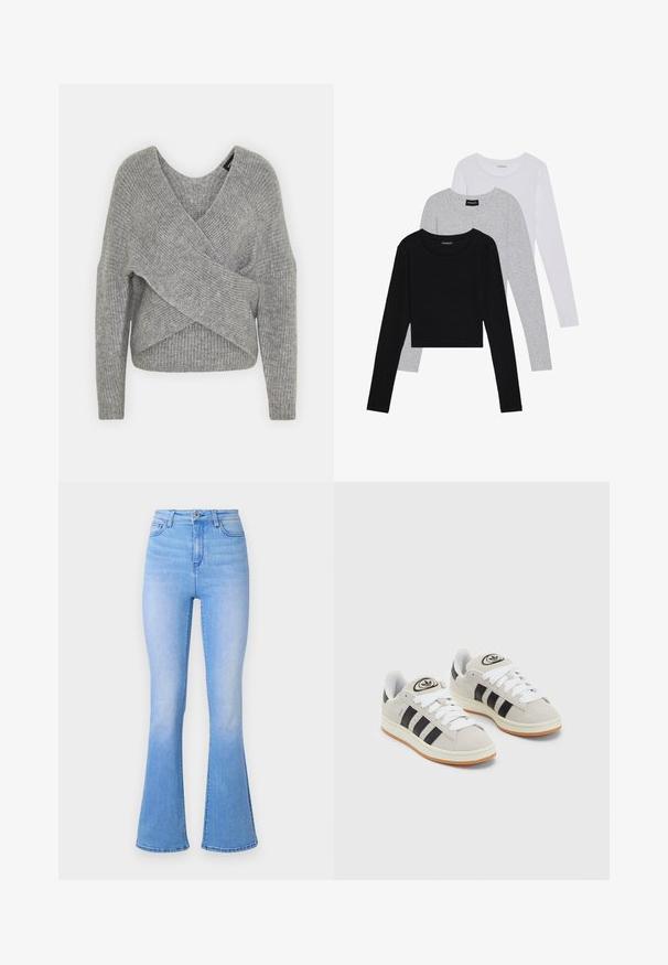 Pilkas aptraukiamas megztinis su giliu V formos iškirpimu, ilgomis rankovėmis ir riešutiniu tekstūru. Pagamintas iš minkštos megztos medžiagos su sluoksniuota, asimetrine konstrukcija.; Trijų ilgomis rankovėmis marškinėlių krūva: juodas, pilkas ir baltas. Kiekvienas turi apvalų iškirpimą ir trumpą dizainą, pagamintas iš lygaus, lengvo audinio.; Pale blue platūs džinsai su dideliu liemeniu, pagaminti iš džinsinio audinio. Savybės: lygus paviršius ir švelnus išblukimas link apvado. Klasikinis penkių kišenių dizainas.; Grynos zomšos sneakeriai su baltais raišteliais, juodomis juostelėmis ir balta gumine sole. Turintys apskritą logotipą ant liežuvėlio ir guminę sole.