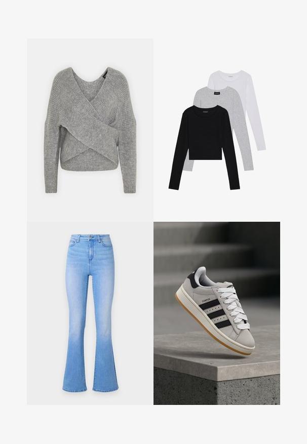 Gray wrap sweater with a deep V-neck, long sleeves, and ribbed texture. Made from a soft knit material with a layered, asymmetrical design.; Three long-sleeve tops stacked: black, grey, and white. Each has a round neckline and a cropped design with smooth, lightweight fabric.; Light blue flared jeans with a high waist, made of denim. Features a smooth texture and a subtle fade towards the hem. Classic five-pocket design.; Gray Adidas Campus sneaker with black stripes and white laces floating above a concrete ledge with stairs in the background.