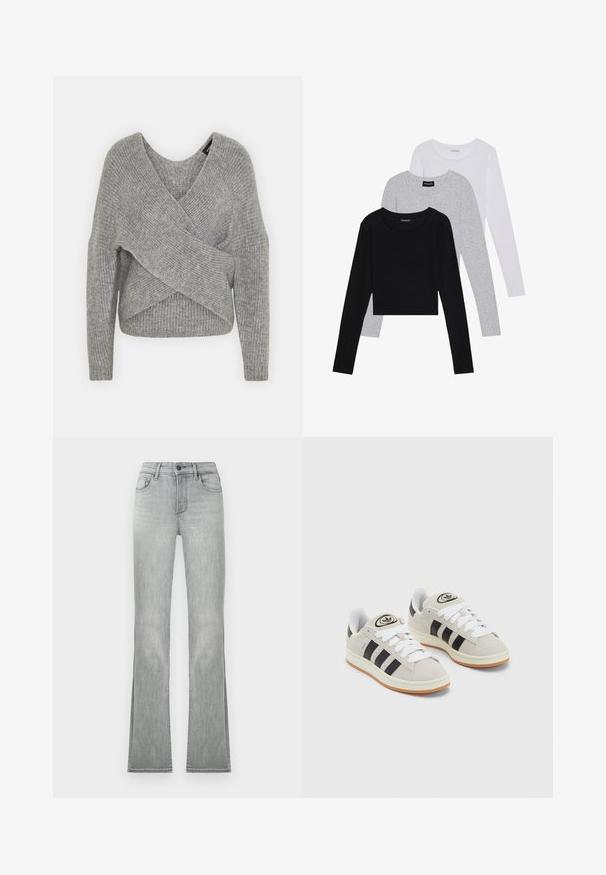 Gray wrap sweater with a deep V-neck, long sleeves, and ribbed texture. Made from a soft knit material with a layered, asymmetrical design.; Three long-sleeve tops stacked: black, grey, and white. Each has a round neckline and a cropped design with smooth, lightweight fabric.; Light gray flared jeans with a smooth denim texture, featuring front pockets and a button closure. Hem has side slits for added detail.; Gray suede sneakers with white laces, black stripes, and a white rubber sole. Features a circular logo on the tongue and a gum sole.