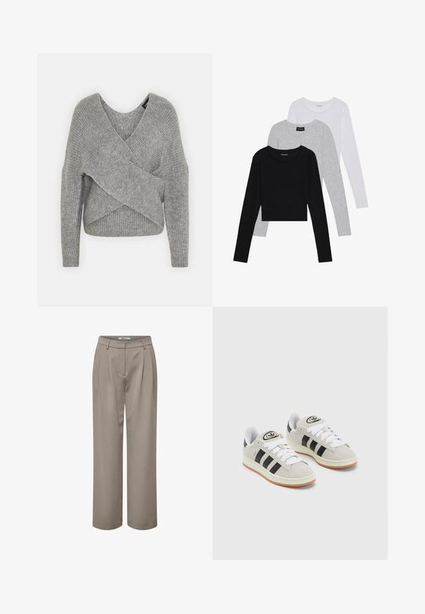 Pull en gris avec un col en V profond, des manches longues et une texture côtelée. Fabriqué en matériau tricoté doux avec un design asymétrique superposé.; Trois hauts à manches longues empilés : noir, gris et blanc. Chacun a un col rond et un design court avec un tissu lisse et léger.; Pantalons larges beige clair, avec des plis, une texture lisse et un design de taille épuré. Simples et polyvalents pour diverses tenues.; Baskets en suède gris avec des lacets blancs, des rayures noires et une semelle en caoutchouc blanc. Présentent un logo circulaire sur la languette et une semelle en gomme.