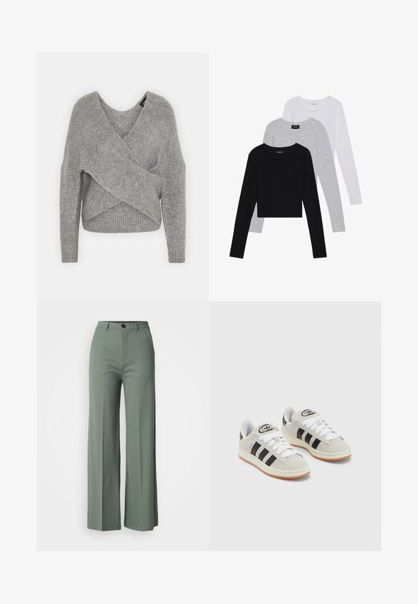 Sivý cardigan s hlbokým V- výstrihom, dlhými rukávmi a rebrovanou textúrou. Vyrobený z mäkkého pleteného materiálu s viacvrstvovým, asymetrickým dizajnom.; Tričko s dlhým rukávom v troch farbách: čiernej, sivej a bielej. Každé má okrúhly výstrih a skrátený strih vyrobený z hladkej, ľahkej tkaniny.; Široké nohavice v tlmenej zelenej látke, s predným zapínaním na gombík a hladkou textúrou. Bez viditeľných vzorov alebo akcentov.; Sivé semišové tenisky s bielymi šnúrkami, čiernymi pruhmi a bielou gumovou podrážkou. Obsahujú okrúhly logo na jazyku a gumenú podrážku.
