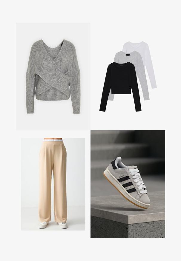 Grijze wikkeltrui met een diepe V-hals, lange mouwen en ribbelstructuur. Gemaakt van een zachte gebreide stof met een gelaagd, asymmetrisch ontwerp.; Drie langmouwige tops gestapeld: zwart, grijs en wit. Elke top heeft een ronde halslijn en een cropped ontwerp van soepel, lichtgewicht materiaal.; Beige, wijde broekspijpen gemaakt van gladde stof met een relaxte pasvorm. Kenmerken zijn een zachte, elastische tailleband en subtiele plooien aan de voorkant.; Grijze Adidas Campus sneaker met zwarte strepen en witte veter, zwevend boven een betonnen richel met trappen op de achtergrond.