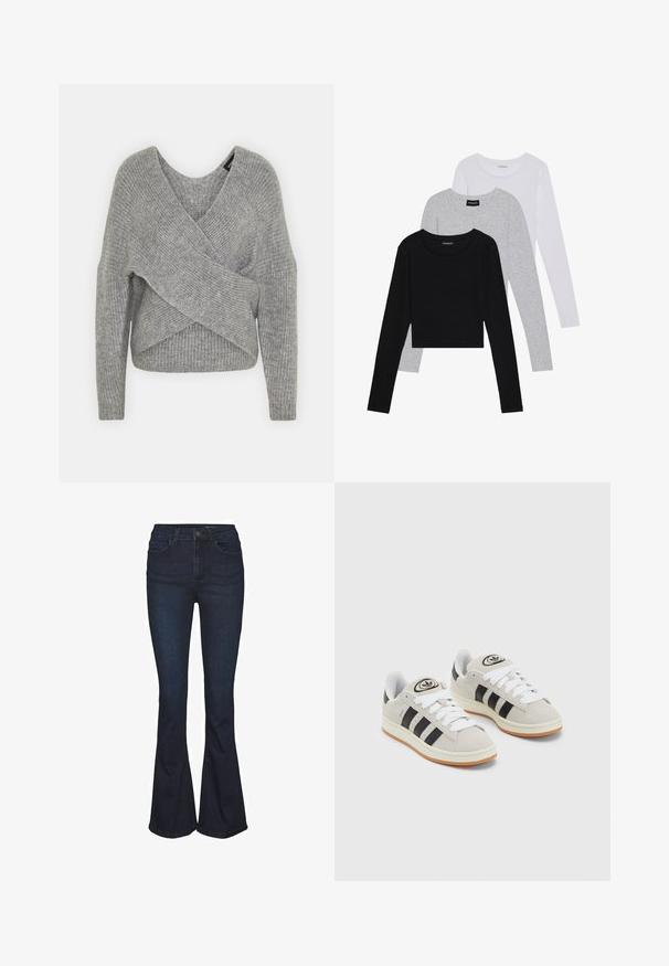 Grå omslagssweater med dyp V-hals, lange ermer og ribbestruktur. Laget av et mykt strikket materiale med et lagdelt, asymmetrisk design.; Tre lange ermer t-skjorter stablet: svart, grå og hvit. Hver har en rund hals og et kort design med glatt, lett stoff.; Mørkeblå denimjeans med vide ben og høy midje, med fem lommer og subtile sømdetaljer. Glatt tekstur med klassisk design.; Grå semsket sneakers med hvite lisser, svarte striper og en hvit gummisåle. Har en sirkulær logo på tungen og en gummisåle.