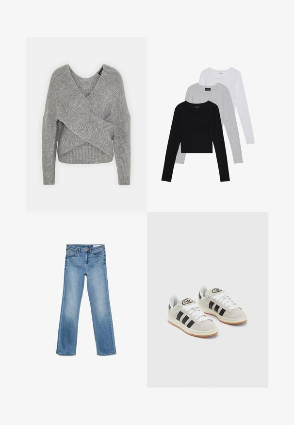 Suéter gris envolvente con un profundo escote en V, mangas largas y textura acanalada. Fabricado con un material de punto suave y un diseño asimétrico en capas.; Tres camisetas de manga larga apiladas: negra, gris y blanca. Cada una tiene un escote redondo y un diseño recortado con una tela suave y ligera.; Jeans de mezclilla azul claro con un diseño clásico de cinco bolsillos, cierre de botón y cremallera, y corte recto.; Zapatillas de ante gris con cordones blancos, rayas negras y suela de goma blanca. Presentan un logo circular en la lengüeta y una suela de goma.