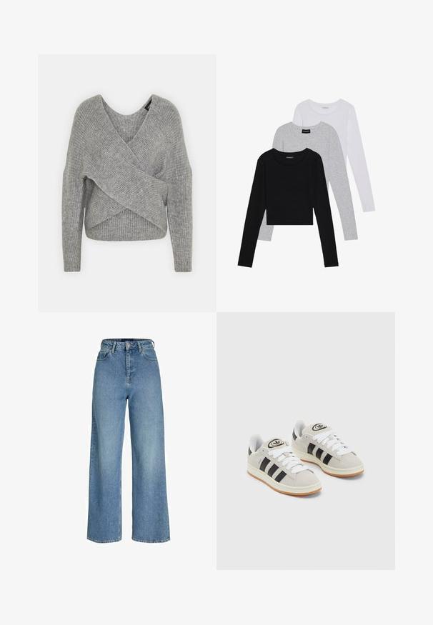 Harmaa neulejakku, jossa on syvä V-kaula-aukko, pitkät hihat ja ribboitu pinta. Valmistettu pehmeästä neuloksesta, jossa on kerroksellinen ja epäsymmetrinen muotoilu.; Kolme pitkähihasta paita päällekkäin: musta, harmaa ja valkoinen. Jokaisessa on pyöreä pääntie ja lyhennetty muotoilu, jossa on sileä ja kevyt kangas.; Vaaleansinisiä korkeavyötäröisiä farkkuja, joissa on leveä lahje, valmistettu denimistä. Ominaisuuksiin kuuluu edessä nappilukitus ja hienovarainen kuluminen.; Harmaat mokkasiinikenkä, joissa on valkoiset nauhat, mustat raidat ja valkoinen kumipohja. Kantajassa on pyöreä logo ja vaaleanruskea pohja.