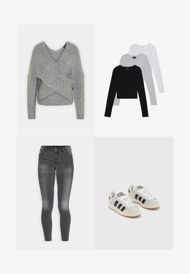 Hallide hallhargus, sügava V-kaelusega, pikkade varrukatega ja ribatrepiga. Valmistatud pehmest kudumismetallist, millel on kihiline, asümmeetriline disain.; Kolm pikkade varrukatega toppi, mis on üksteise peale asetatud: must, hall ja valge. Igal ühel on ümar kaelus ja lühike disain, valmistatud siledast, kergekaalulisest kangast.; Hall päevitavad hallid kitsad teksad, mis on valmistatud denimist ja millel on tuhm viimistlus. Teksadel on eesne paigaldatav tõmblukk ja nupuvajutus, viis taskut ning sobiv siluett.; Hallid hallid nahkrennid valgete paeltega, mustade triipudega ja valge kummitaldiga. Omab ümmargust logo keeles ja kummitalda.