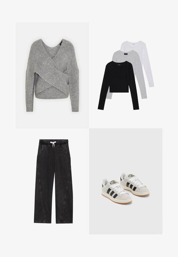 Grå indpakningssweater med dyb V-udskæring, lange ærmer og ribbet tekstur. Fremstillet i et blødt strikkemateriale med et lagdelt, asymmetrisk design.; Tre langærmede toppe stablet: sort, grå og hvid. Hver har en rund halsudskæring og et cropped design med glat, let stof.; Sorte, vide bukser lavet af et struktureret stof. Har en elastisk talje med en hvid snor og forlommer med skrå sømme.; Grå ruskinds sneakers med hvide snørebånd, sorte striber og en hvid gummisål. Har et rundt logo på tungen og en gummisål.