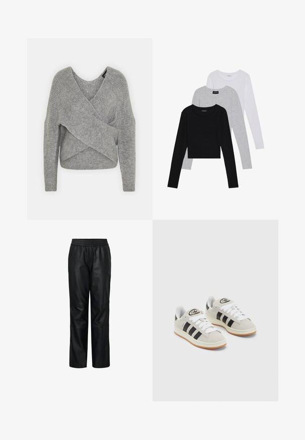 Siva omotana vestica s dubokim V-izrezom, dugim rukavima i rebrastom teksturom. Izrađena od mekog pletenog materijala s slojevitim, asimetričnim dizajnom.; Tri dugih rukava posložena: crna, siva i bijela. Svaka ima okrugli izrez i skrateni kroj s glatkom, laganom tkaninom.; Crne kožne hlače s elastičnim pojasom, strukturiranim dizajnom, širokim nogavicama, glatkom teksturom te vidljivim šavovima i detaljima panela.; Sive suede tenisice s bijelim vezicama, crnim prugama i bijelim gumiranim potplatom. Imaju kružni logo na jeziku i gumeni potplat.