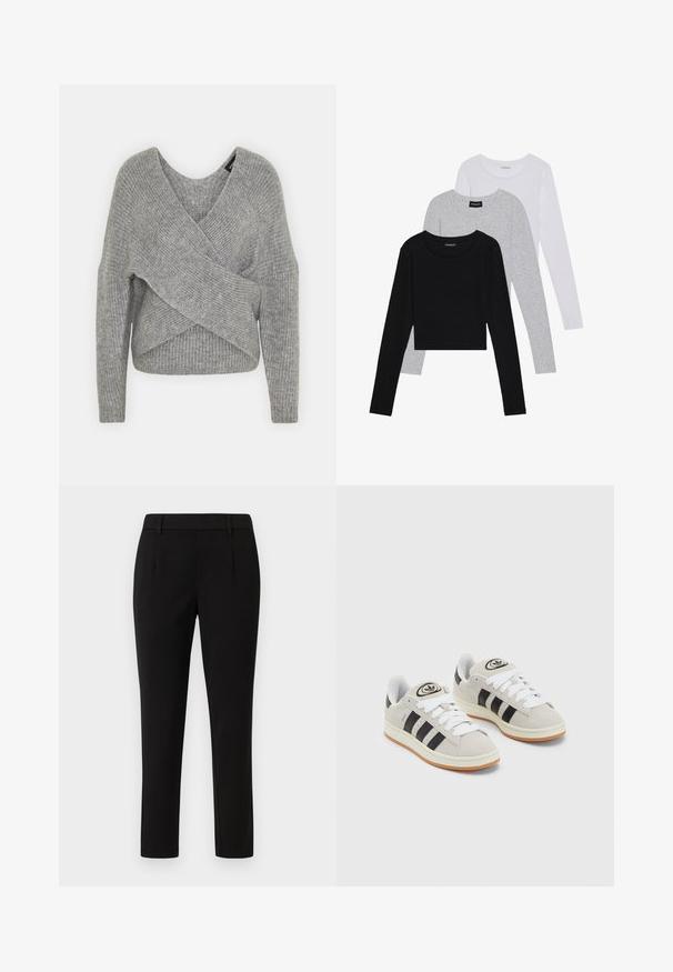 Maglione avvolgente grigio con scollatura a V profonda, maniche lunghe e texture a coste. Realizzato in un morbido materiale in maglia con un design asimmetrico a strati.; Tre magliette a maniche lunghe impilate: nera, grigia e bianca. Ognuna ha un colletto rotondo e un design accorciato con tessuto morbido e leggero.; Pantaloni neri su misura con un design a gamba dritta, realizzati in tessuto liscio. Caratterizzati da una parte anteriore piatta, passanti per cintura e senza tasche.; Sneakers in suede grigio con lacci bianchi, strisce nere e suola in gomma bianca. Presentano un logo circolare sulla linguetta e una suola in gomma.