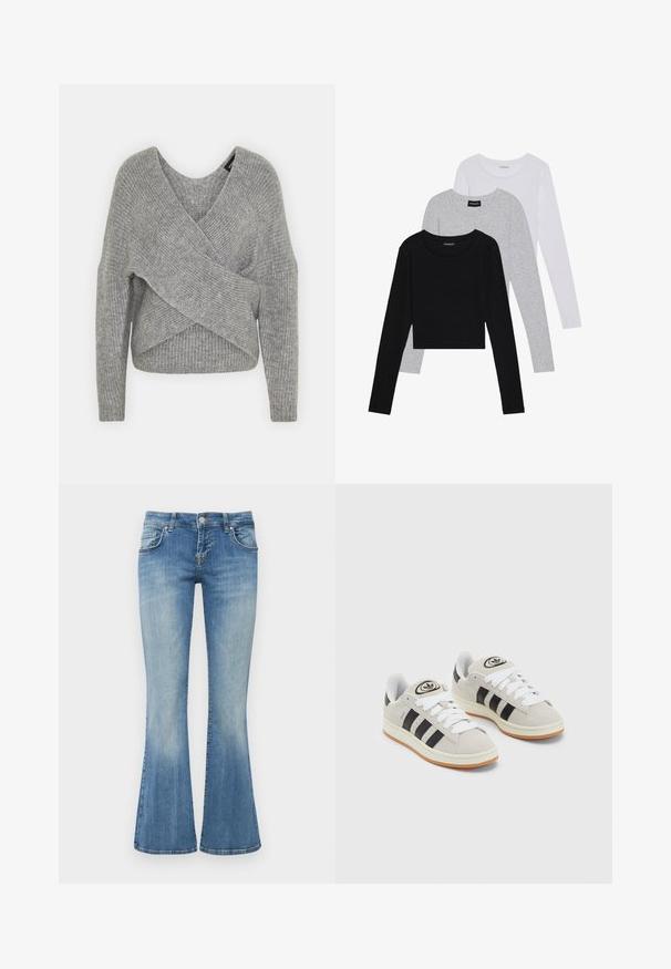 Maglione avvolgente grigio con scollatura a V profonda, maniche lunghe e texture a coste. Realizzato in un morbido materiale in maglia con un design asimmetrico a strati.; Tre magliette a maniche lunghe impilate: nera, grigia e bianca. Ognuna ha un colletto rotondo e un design accorciato con tessuto morbido e leggero.; LTB ROXY - Jeans a zampa - vicky wash; Sneakers in suede grigio con lacci bianchi, strisce nere e suola in gomma bianca. Presentano un logo circolare sulla linguetta e una suola in gomma.