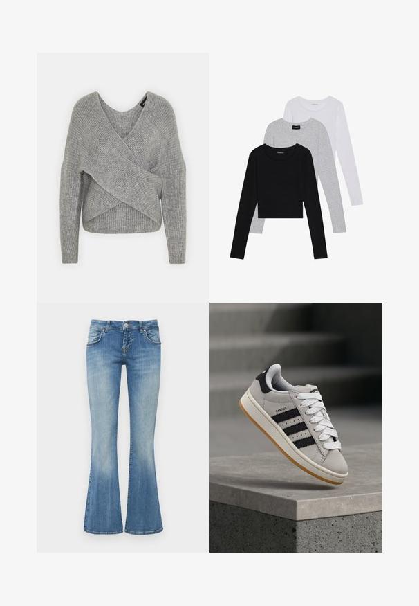 Gray wrap sweater with a deep V-neck, long sleeves, and ribbed texture. Made from a soft knit material with a layered, asymmetrical design.; Three long-sleeve tops stacked: black, grey, and white. Each has a round neckline and a cropped design with smooth, lightweight fabric.; LTB ROXY - Flared Jeans - vicky wash; Gray Adidas Campus sneaker with black stripes and white laces floating above a concrete ledge with stairs in the background.
