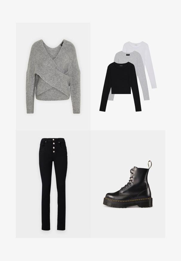 Grau umwickelter Pullover mit tiefem V-Ausschnitt, langen Ärmeln und gerippter Textur. Hergestellt aus einem weichen Strickmaterial mit einem geschichteten, asymmetrischen Design.; Drei langärmelige Oberteile gestapelt: schwarz, grau und weiß. Jedes hat einen runden Halsausschnitt und ein kurzes Design aus glattem, leichtem Stoff.; Schwarze hochtaillierte Jeans mit schmaler Passform, ausgestattet mit fünf silbernen Druckknöpfen und Fronttaschen. Glatter Denim-Stoff ohne Muster.; Schwarze Leder-Schnürstiefel mit knöchelhohem Schaft, einer robusten schwarzen Sohle und gelben Nähten. Verfügt über eine Lasche hinten und runde Metallösen.