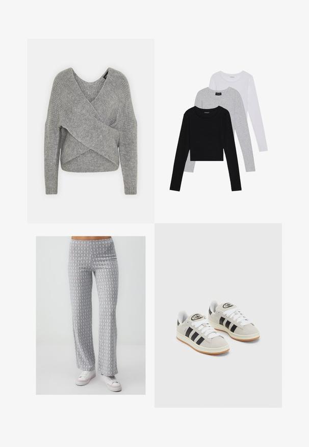 Grijze wikkeltrui met een diepe V-hals, lange mouwen en ribbelstructuur. Gemaakt van een zachte gebreide stof met een gelaagd, asymmetrisch ontwerp.; Drie langmouwige tops gestapeld: zwart, grijs en wit. Elke top heeft een ronde halslijn en een cropped ontwerp van soepel, lichtgewicht materiaal.; Grijze patroonbrede broek met een zachte textuur, voorzien van een repetitief lichtblauw en bruin ontwerp. Gecombineerd met witte sneakers.; Grijze nubucklederen sneakers met witte veters, zwarte strepen en een witte rubberen zool. Bevat een rond logo op de tong en een gumzool.