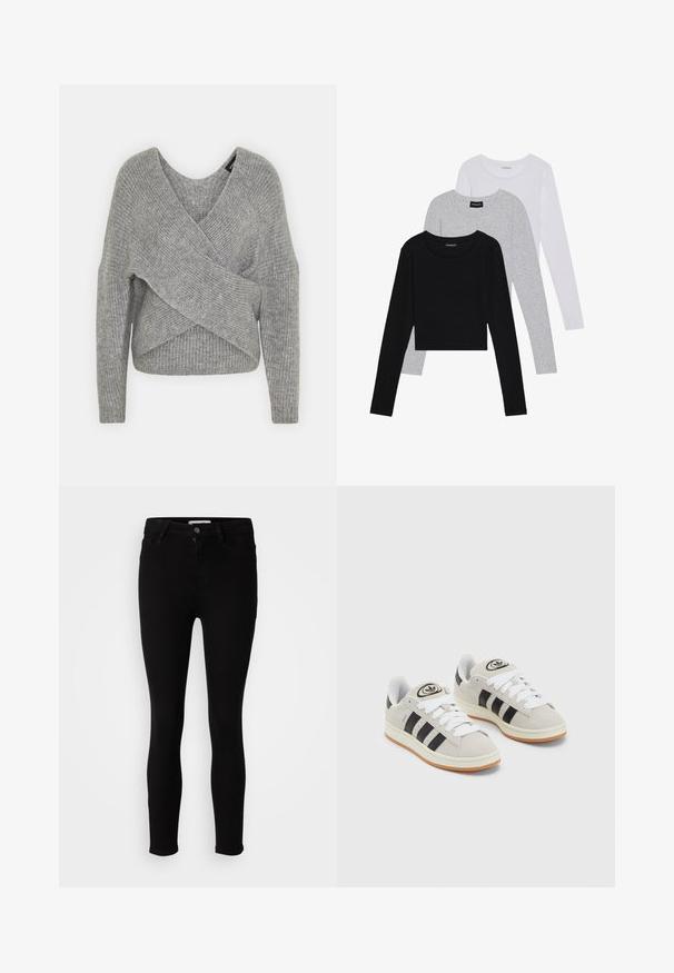 Grå omslagssweater med dyp V-hals, lange ermer og ribbestruktur. Laget av et mykt strikket materiale med et lagdelt, asymmetrisk design.; Tre lange ermer t-skjorter stablet: svart, grå og hvit. Hver har en rund hals og et kort design med glatt, lett stoff.; Svart slim-fit jeans med knapp- og glidelås-lukking, front- og baklommer, vist på en nøytral hvit bakgrunn.; Grå semsket sneakers med hvite lisser, svarte striper og en hvit gummisåle. Har en sirkulær logo på tungen og en gummisåle.